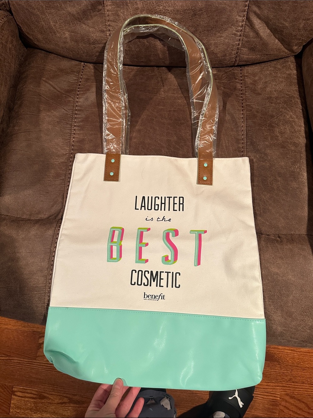Benefit Cream Tote with Mint Bottom and Multicolor 'BEST' Lettering